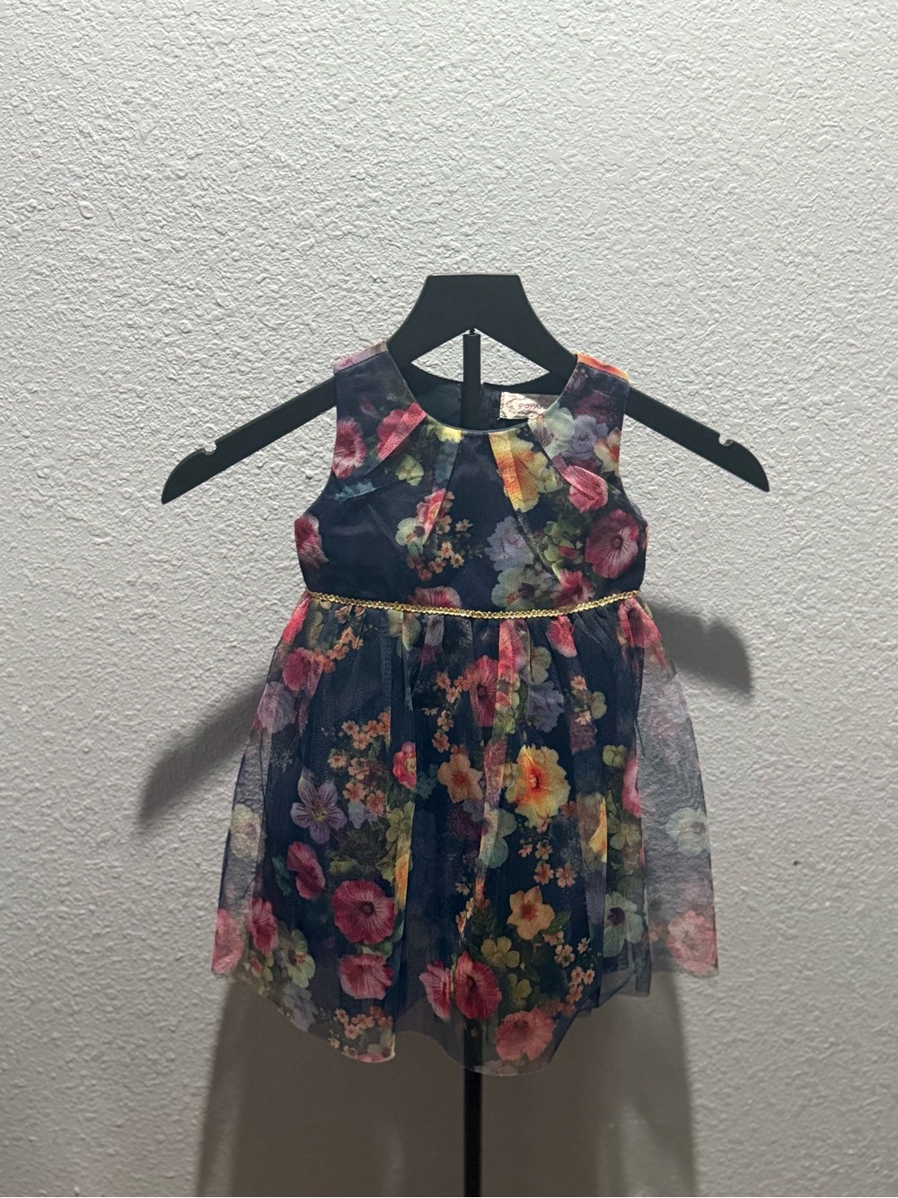 Popatu Navy Floral Tulle Dress with Gold Trim